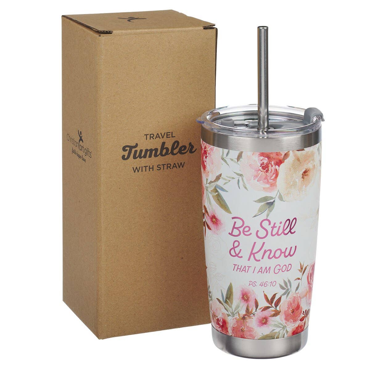 Tumbler w/straw SS Peach Be Still Ps. 46:10