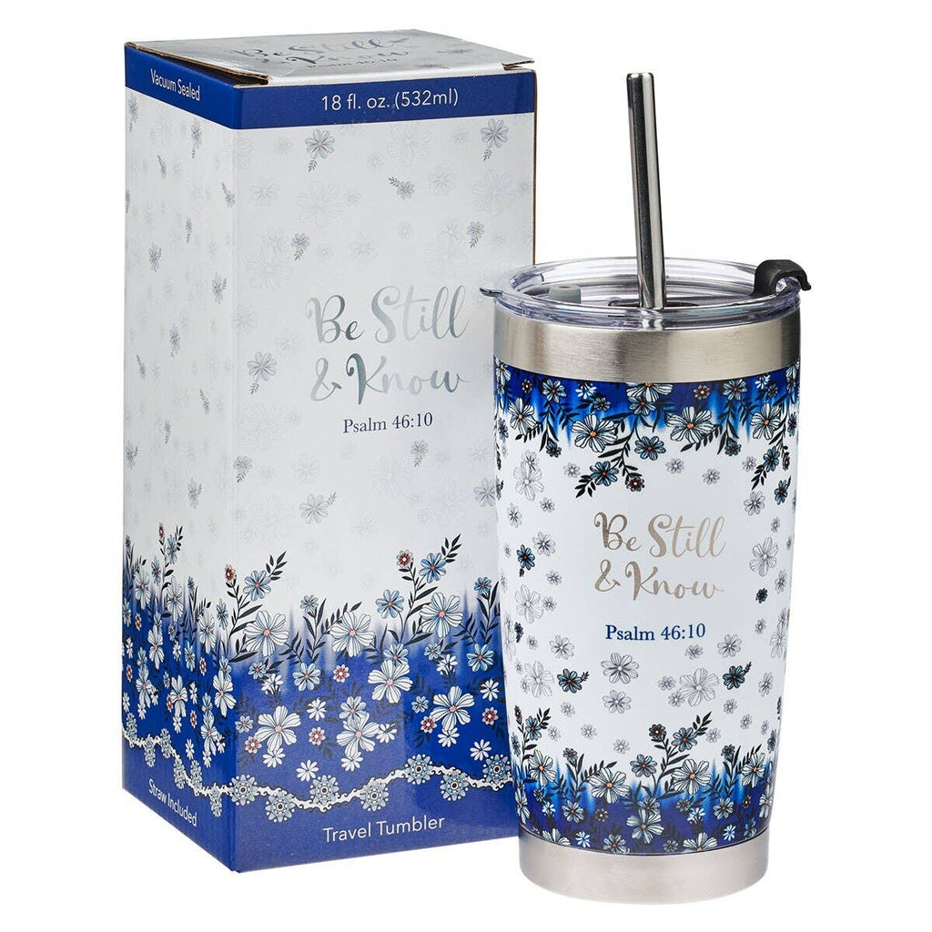 Mug SS Travel White/Navy Floral Be Still Ps. 46:10