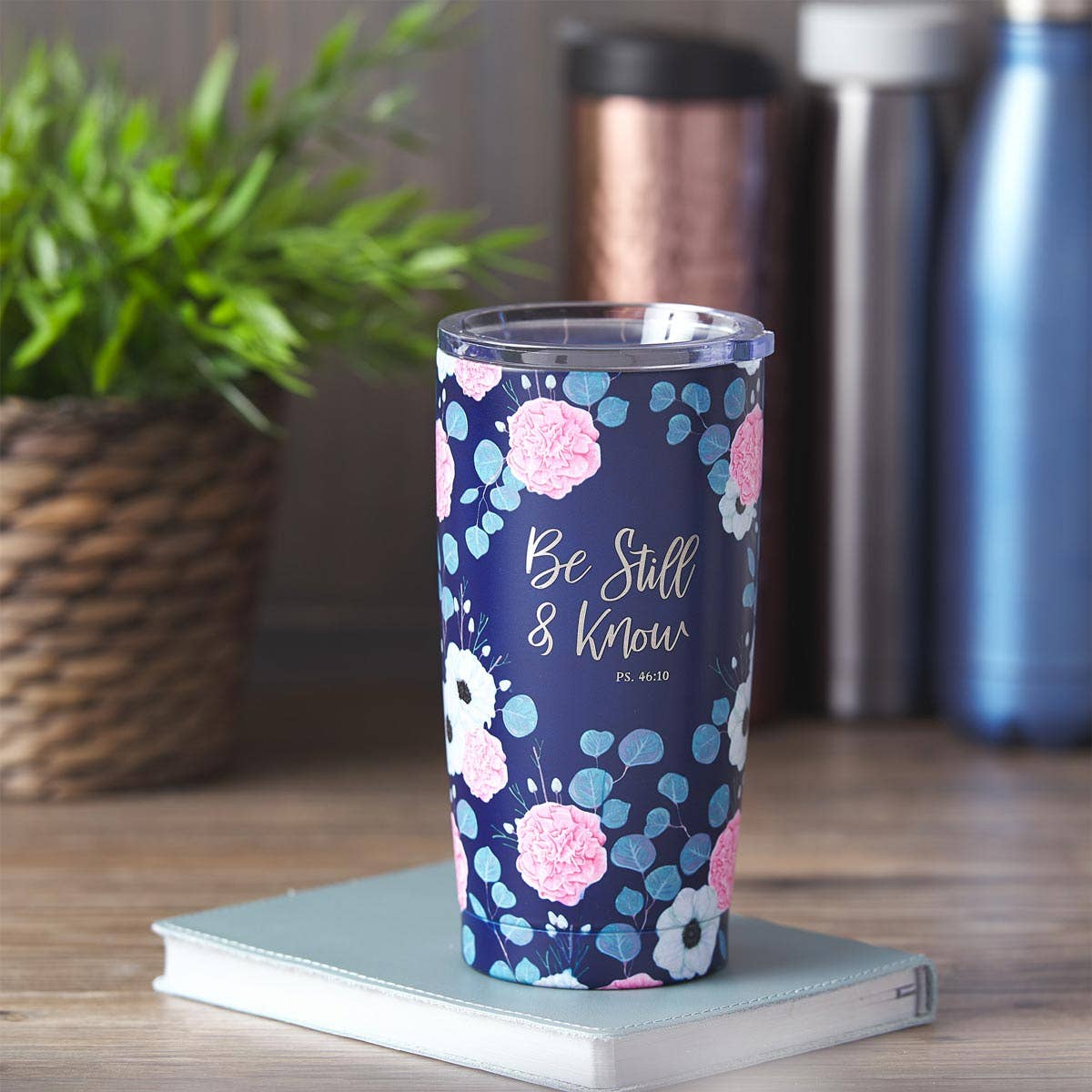 Mug SS Travel Navy Floral Be Still Ps. 46:10