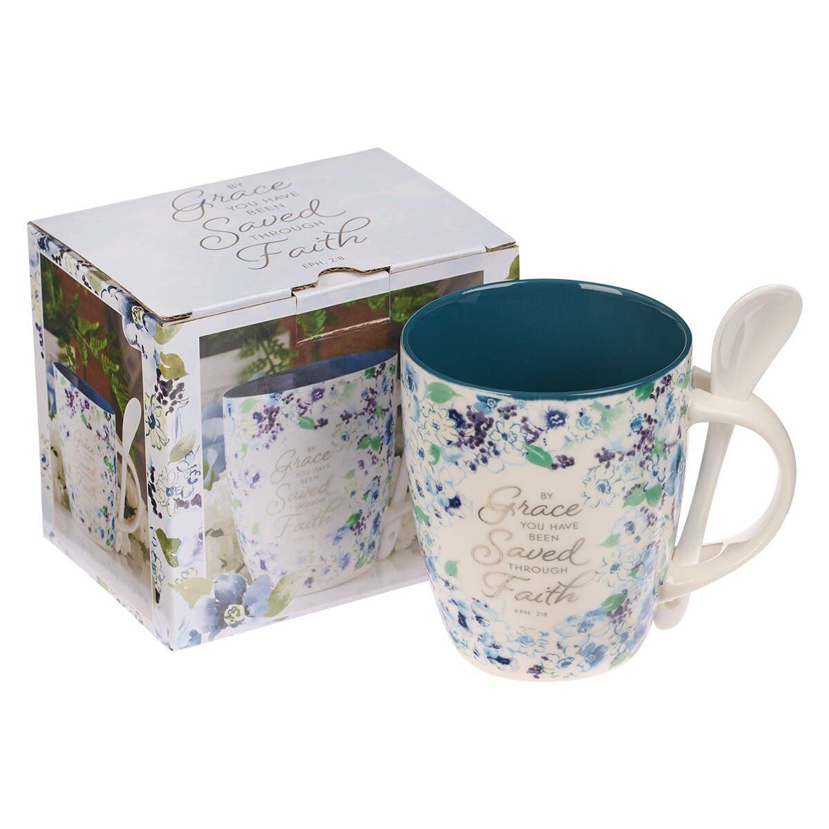 Mug with Spoon White/Blue Floral By Grace Eph. 2:8