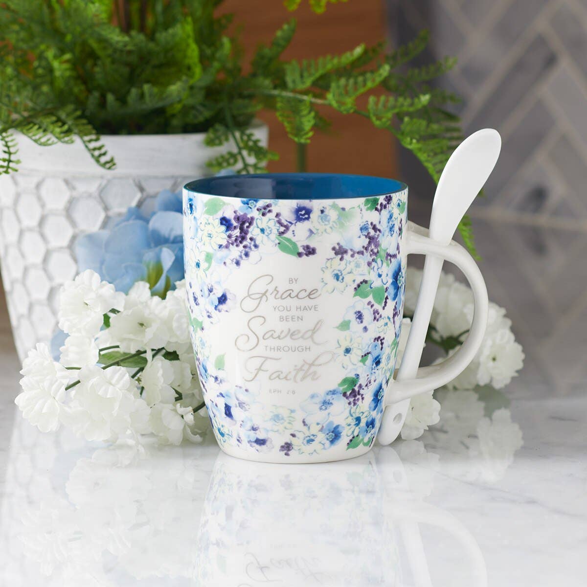 Mug with Spoon White/Blue Floral By Grace Eph. 2:8